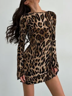 New Leopard Printed Open Back Tie Dress Casual Dresses|Short Dresses