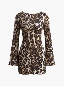 New Leopard Printed Open Back Tie Dress Casual Dresses|Short Dresses