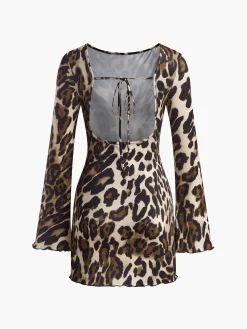 New Leopard Printed Open Back Tie Dress Casual Dresses|Short Dresses