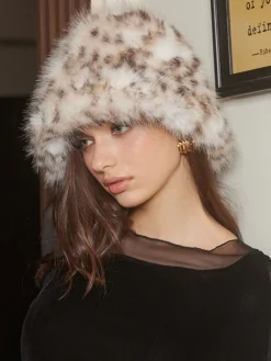 Online Leopard Printed Plush Bucket Hat Hair Claws & Hats|Accessories