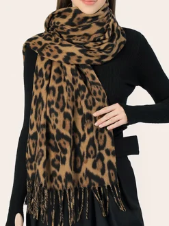 Leopard Printed Tassel Warm Scarf Accessories