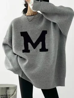 New Letter Printed Loose Sweater Sweater Tops|Sweaters & Cardigans