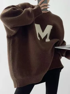 Discount Letter Printed Loose Sweater Sweater Tops|Sweaters & Cardigans