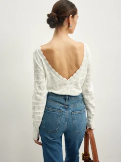 Online Lettuce Trim Backless Pointelle Knit Top Sweater Tops|Sweaters & Cardigans