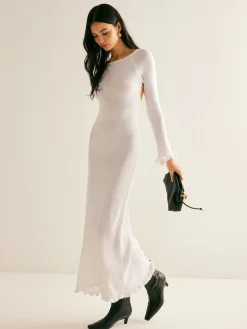 Sale Lettuce Trim Backless Sweater Long Dress White Dresses|Sweater Dresses