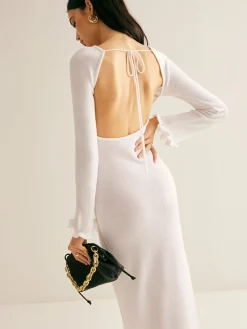 Sale Lettuce Trim Backless Sweater Long Dress White Dresses|Sweater Dresses