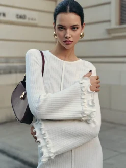 Hot Lettuce Trim Bell Sleeve Sweater Dress White Dresses|Sweater Dresses