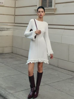 Hot Lettuce Trim Bell Sleeve Sweater Dress White Dresses|Sweater Dresses