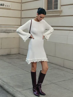 Hot Lettuce Trim Bell Sleeve Sweater Dress White Dresses|Sweater Dresses