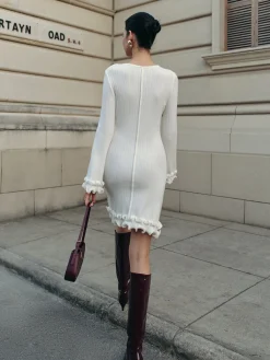 Hot Lettuce Trim Bell Sleeve Sweater Dress White Dresses|Sweater Dresses