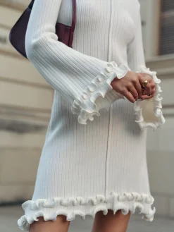 Hot Lettuce Trim Bell Sleeve Sweater Dress White Dresses|Sweater Dresses
