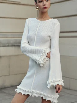 Hot Lettuce Trim Bell Sleeve Sweater Dress White Dresses|Sweater Dresses