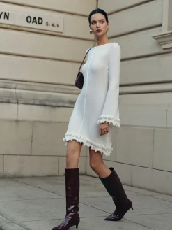 Hot Lettuce Trim Bell Sleeve Sweater Dress White Dresses|Sweater Dresses