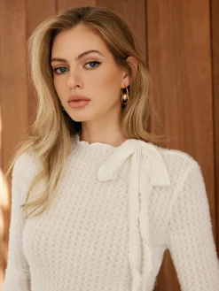 New Lettuce Trim Bow-Decor Waffle Blouse Blouses & Shirts