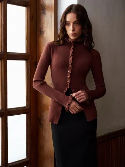 New Lettuce Trim Metal-Button Split Cardigan Knitwear|Tops