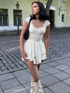 Outlet Lettuce Trim Shirred Waist Layered Short Dress White Dresses|Casual Dresses