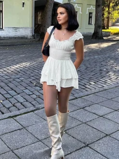 Outlet Lettuce Trim Shirred Waist Layered Short Dress White Dresses|Casual Dresses