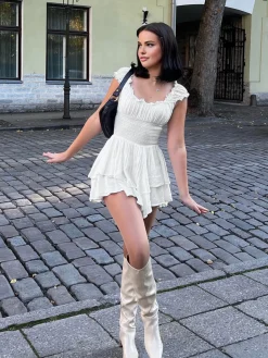 Outlet Lettuce Trim Shirred Waist Layered Short Dress White Dresses|Casual Dresses