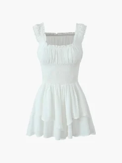 Outlet Lettuce Trim Shirred Waist Layered Short Dress White Dresses|Casual Dresses
