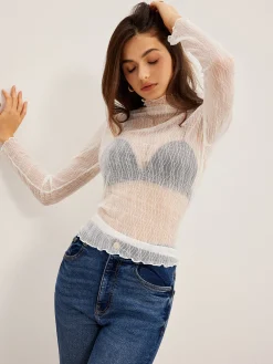 New Lettuce Trim Textured Sheer T-Shirt T-shirts|Tops