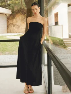 Sale Linen Blends Basic Pockets Tube Long Dress White Dresses|Black Dresses