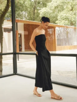 Sale Linen Blends Basic Pockets Tube Long Dress White Dresses|Black Dresses