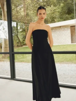 Sale Linen Blends Basic Pockets Tube Long Dress White Dresses|Black Dresses