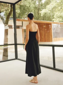 Sale Linen Blends Basic Pockets Tube Long Dress White Dresses|Black Dresses