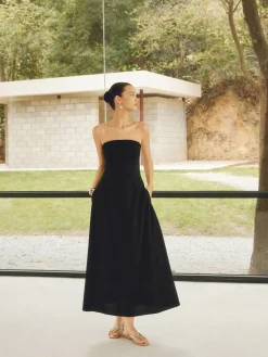 Sale Linen Blends Basic Pockets Tube Long Dress White Dresses|Black Dresses