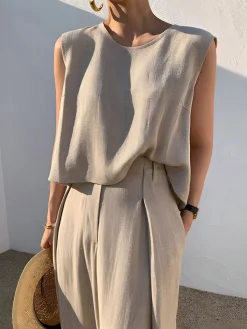 Clearance Linen Blends Casual Pants Set Pants Sets|Matching Sets