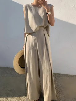 Clearance Linen Blends Casual Pants Set Pants Sets|Matching Sets