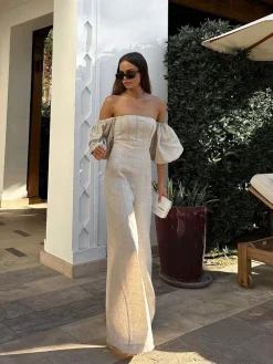 Sale Linen Blends Puff Sleeve Jumpsuit Jumpsuits & Rompers|Jumpsuits & Rompers