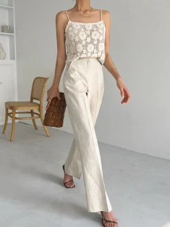 Sale Linen Blends Straight Leg Pants Pants|Bottoms