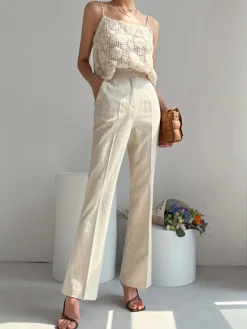 Sale Linen Blends Straight Leg Pants Pants|Bottoms