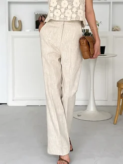 Sale Linen Blends Straight Leg Pants Pants|Bottoms