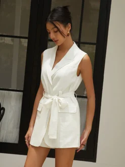 Hot Linen Blends Work Belted Shorts Set Shorts Sets|Shorts