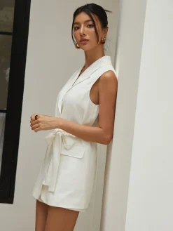 Hot Linen Blends Work Belted Shorts Set Shorts Sets|Shorts