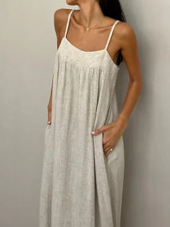Discount Linen Pockets Cami Long Dress Casual Dresses|Vacation Dresses