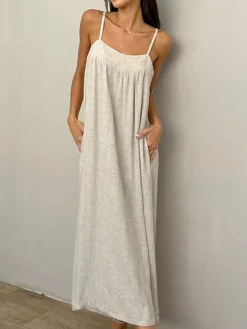 Discount Linen Pockets Cami Long Dress Casual Dresses|Vacation Dresses