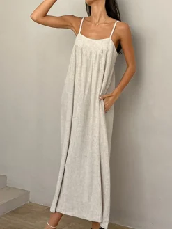 Discount Linen Pockets Cami Long Dress Casual Dresses|Vacation Dresses