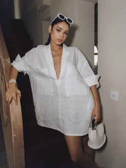 Linen Pockets Loose Long Sleeve Dress White Dresses|Casual Dresses