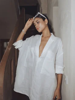 Linen Pockets Loose Long Sleeve Dress White Dresses|Casual Dresses