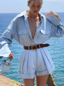 Best Long Sleeve Collared Pleated Shorts Set Shorts Sets|Shorts