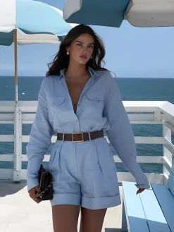 Best Long Sleeve Collared Pleated Shorts Set Shorts Sets|Shorts