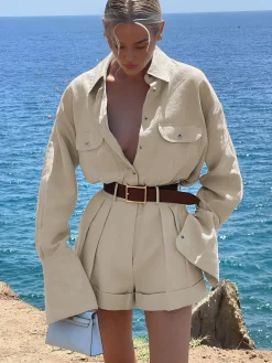 Best Long Sleeve Collared Pleated Shorts Set Shorts Sets|Shorts