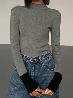 Long Sleeve Contrast Cuff Knit Top Sweater Tops|Sweaters & Cardigans