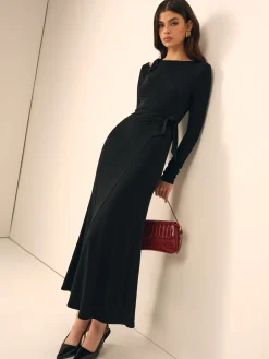 Sale Long Sleeve Knotted Slim Dress Black Dresses|Casual Dresses