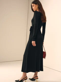 Sale Long Sleeve Knotted Slim Dress Black Dresses|Casual Dresses