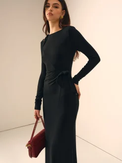 Sale Long Sleeve Knotted Slim Dress Black Dresses|Casual Dresses