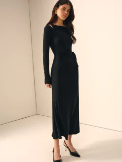 Sale Long Sleeve Knotted Slim Dress Black Dresses|Casual Dresses